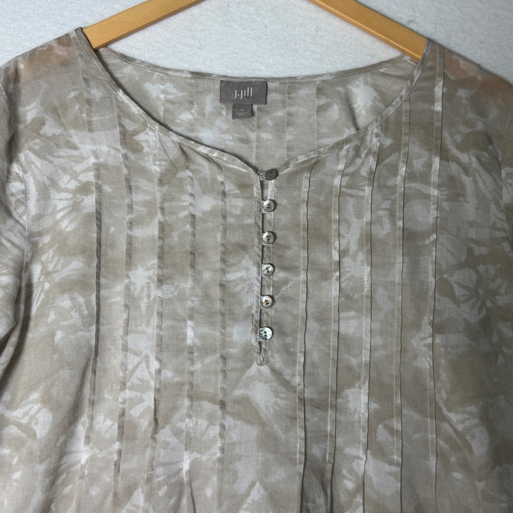 J Jill Womens Medium Beige Abstract Pleated Cotton Tunic 3/4 Sleeve Boho Top